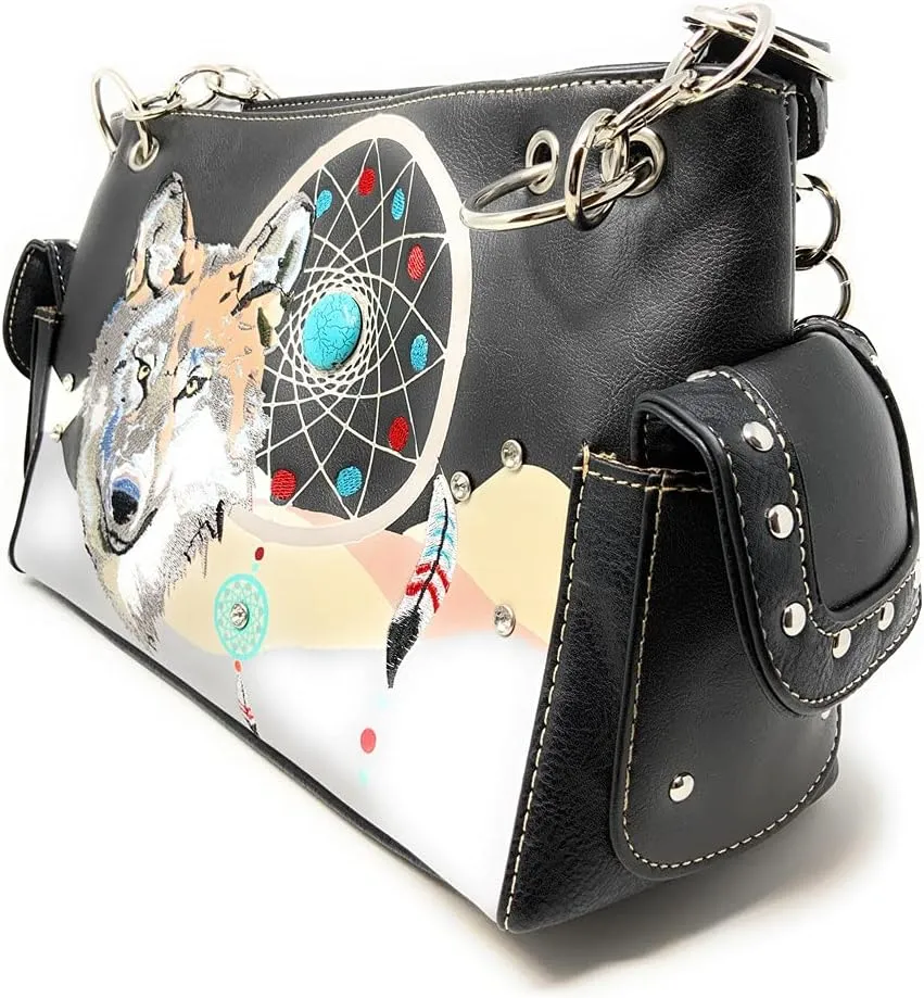 Western Wolf Dream Catcher Embroidery Feather Conceal Carry Women Handbag Purse in 5 colors