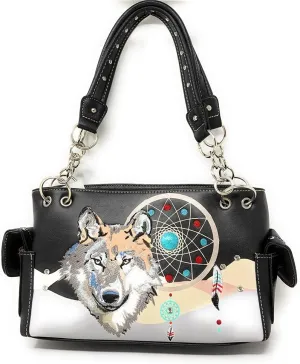 Western Wolf Dream Catcher Embroidery Feather Conceal Carry Women Handbag Purse in 5 colors