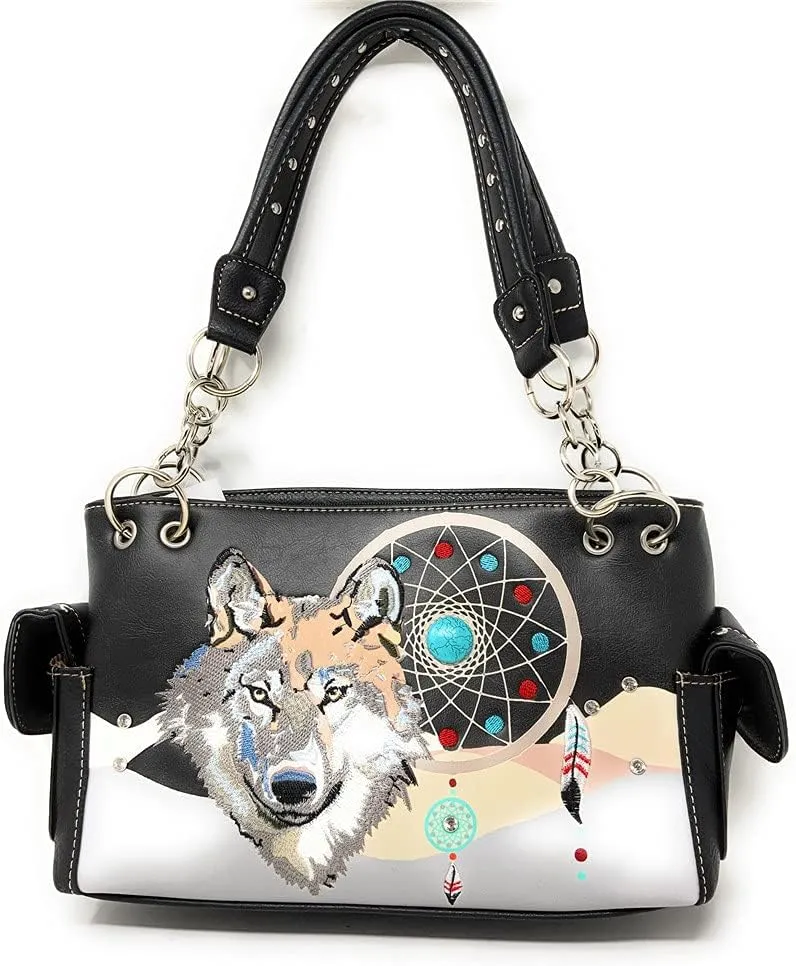 Western Wolf Dream Catcher Embroidery Feather Conceal Carry Women Handbag Purse in 5 colors