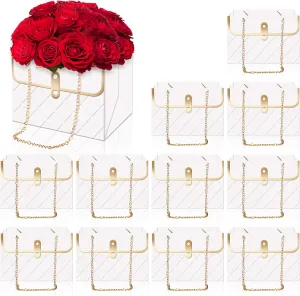 Whaline 12Pcs Paper Floral Bag with Metal Chain Bouquet Storage Bucket Florist Box Flower Bouquet Wrapping Basket Handbag for Mother's Day Wedding Birthday Party, White