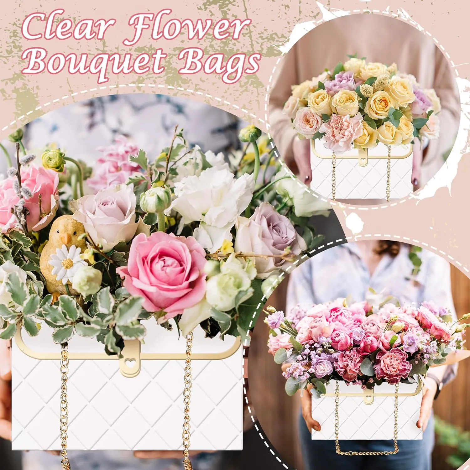 Whaline 12Pcs Paper Floral Bag with Metal Chain Bouquet Storage Bucket Florist Box Flower Bouquet Wrapping Basket Handbag for Mother's Day Wedding Birthday Party, White