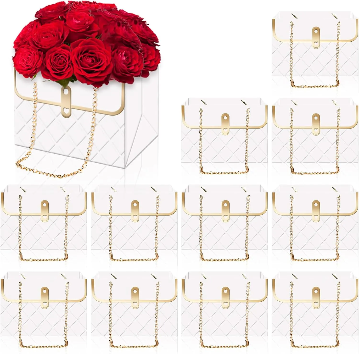 Whaline 12Pcs Paper Floral Bag with Metal Chain Bouquet Storage Bucket Florist Box Flower Bouquet Wrapping Basket Handbag for Mother's Day Wedding Birthday Party, White