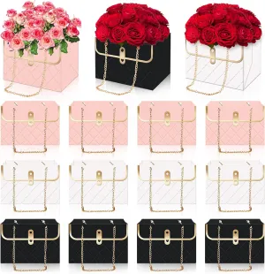 Whaline 12Pcs Paper Flower Bags with Metal Chain Bouquet Storage Bucket Florist Bag Handbag Flower Bouquet Wrapping Basket Gift Box for Mother's Day Wedding Birthday Party, Black Pink White
