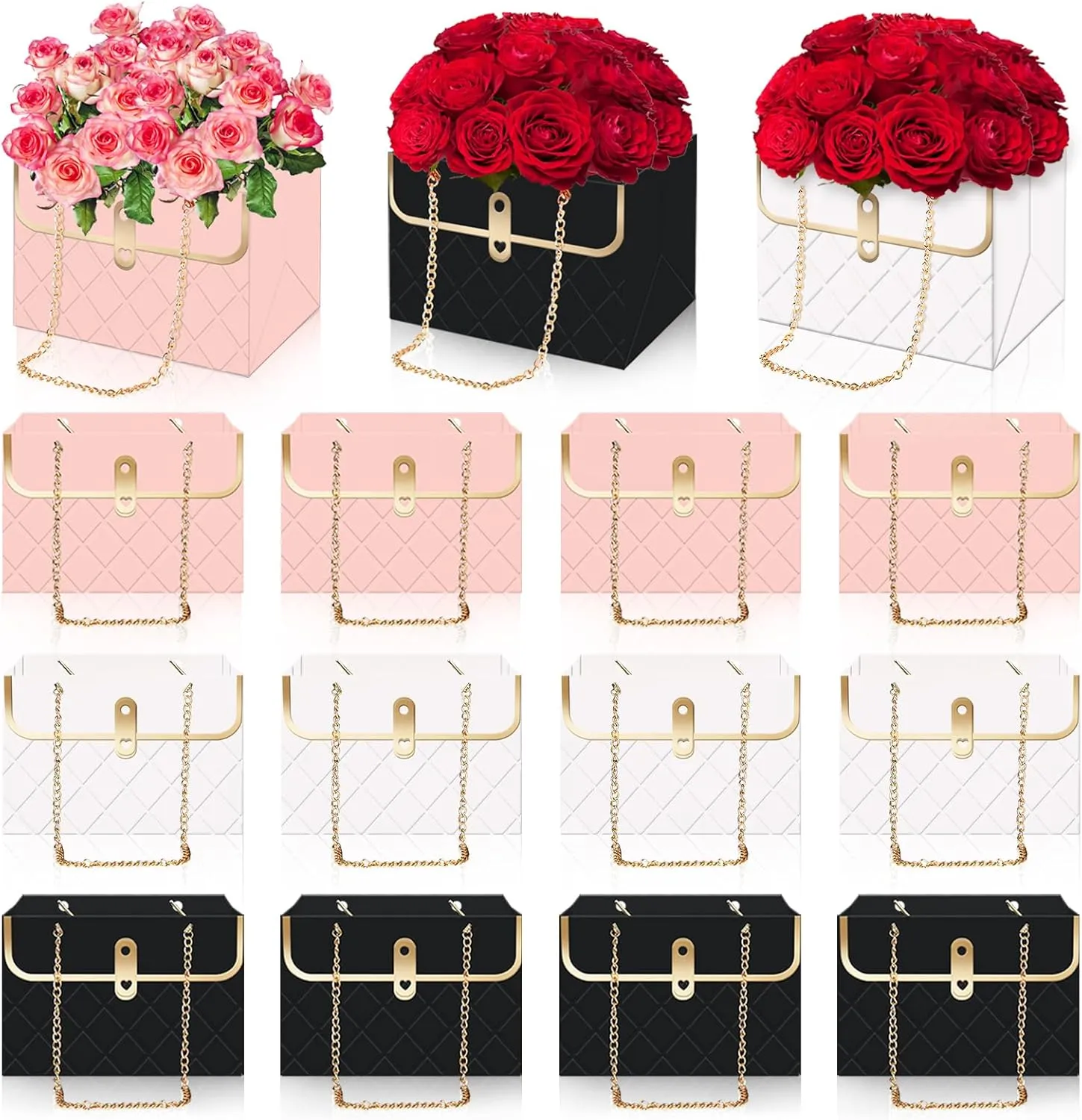 Whaline 12Pcs Paper Flower Bags with Metal Chain Bouquet Storage Bucket Florist Bag Handbag Flower Bouquet Wrapping Basket Gift Box for Mother's Day Wedding Birthday Party, Black Pink White