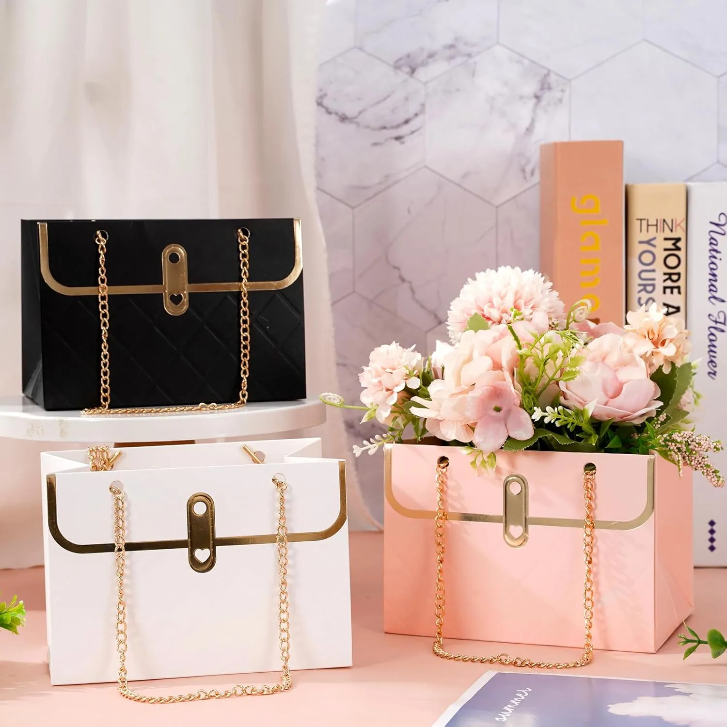 Whaline 12Pcs Paper Flower Bags with Metal Chain Bouquet Storage Bucket Florist Bag Handbag Flower Bouquet Wrapping Basket Gift Box for Mother's Day Wedding Birthday Party, Black Pink White
