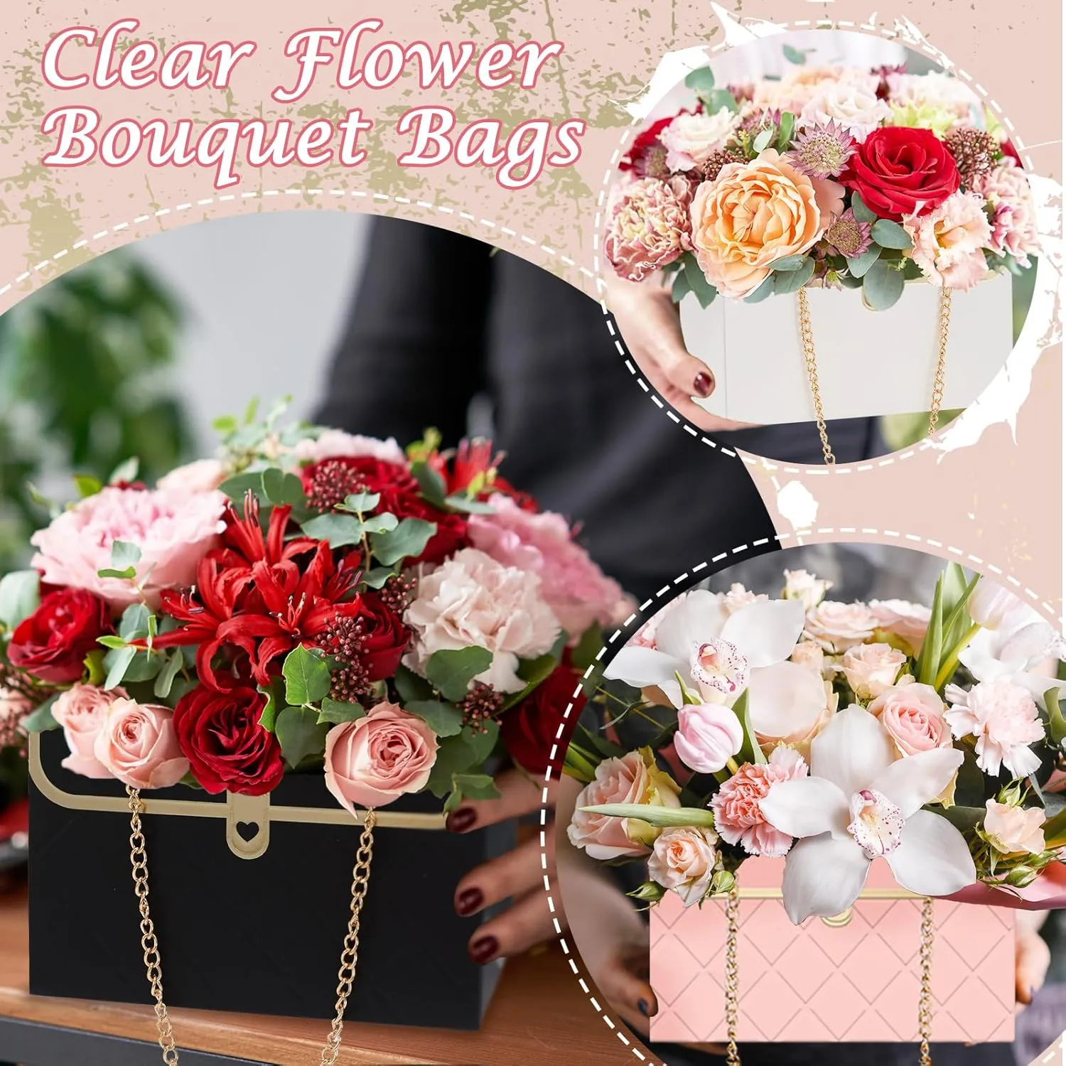 Whaline 12Pcs Paper Flower Bags with Metal Chain Bouquet Storage Bucket Florist Bag Handbag Flower Bouquet Wrapping Basket Gift Box for Mother's Day Wedding Birthday Party, Black Pink White