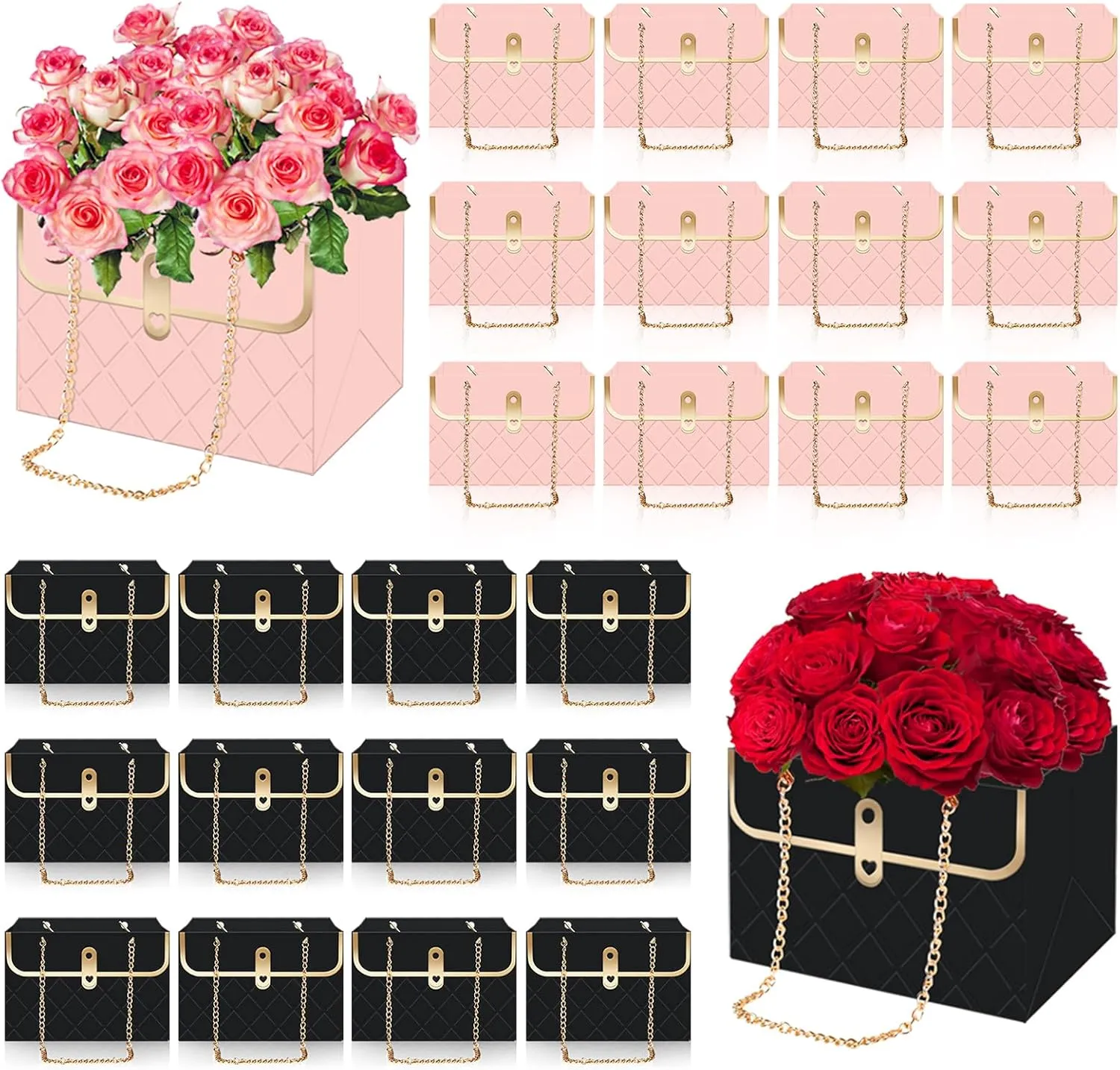 Whaline 24Pcs Paper Floral Bag with Metal Chain Bouquet Storage Bucket Florist Box Flower Bouquet Wrapping Basket Handbag for Mother's Day Wedding Birthday Party, Pink Black