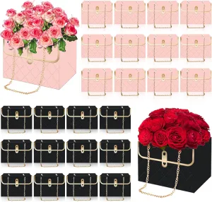 Whaline 24Pcs Paper Floral Bag with Metal Chain Bouquet Storage Bucket Florist Box Flower Bouquet Wrapping Basket Handbag for Mother's Day Wedding Birthday Party, Pink Black