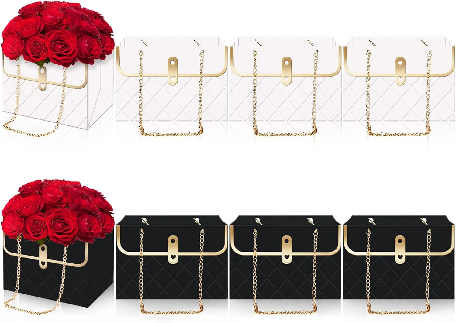 Whaline 6Pcs Paper Flower Bags with Metal Chain Bouquet Storage Bucket Florist Bag Handbag Flower Bouquet Wrapping Basket Gift Box for Wedding Party Birthday Mother's Day Gift Bags, Black White