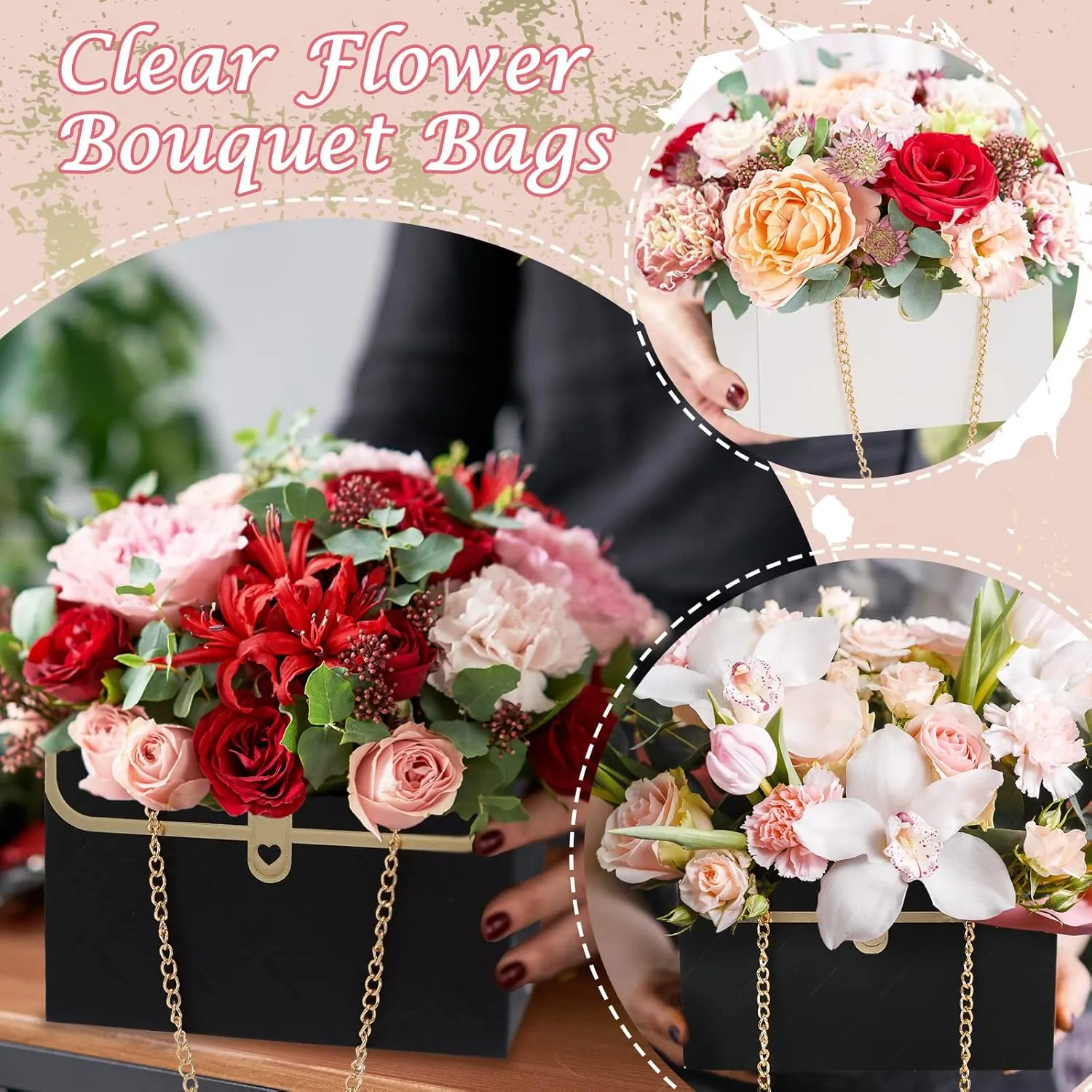 Whaline 6Pcs Paper Flower Bags with Metal Chain Bouquet Storage Bucket Florist Bag Handbag Flower Bouquet Wrapping Basket Gift Box for Wedding Party Birthday Mother's Day Gift Bags, Black White