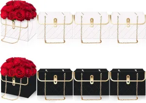 Whaline 6Pcs Paper Flower Bags with Metal Chain Bouquet Storage Bucket Florist Bag Handbag Flower Bouquet Wrapping Basket Gift Box for Wedding Party Birthday Mother's Day Gift Bags, Black White
