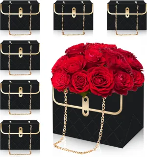 Whaline 6Pcs Paper Flower Bags with Metal Chain Bouquet Storage Bucket Florist Bag Handbag Flower Bouquet Wrapping Basket Handbag Gift Box for Wedding Party Birthday Mother's Day Gift Bags, Black