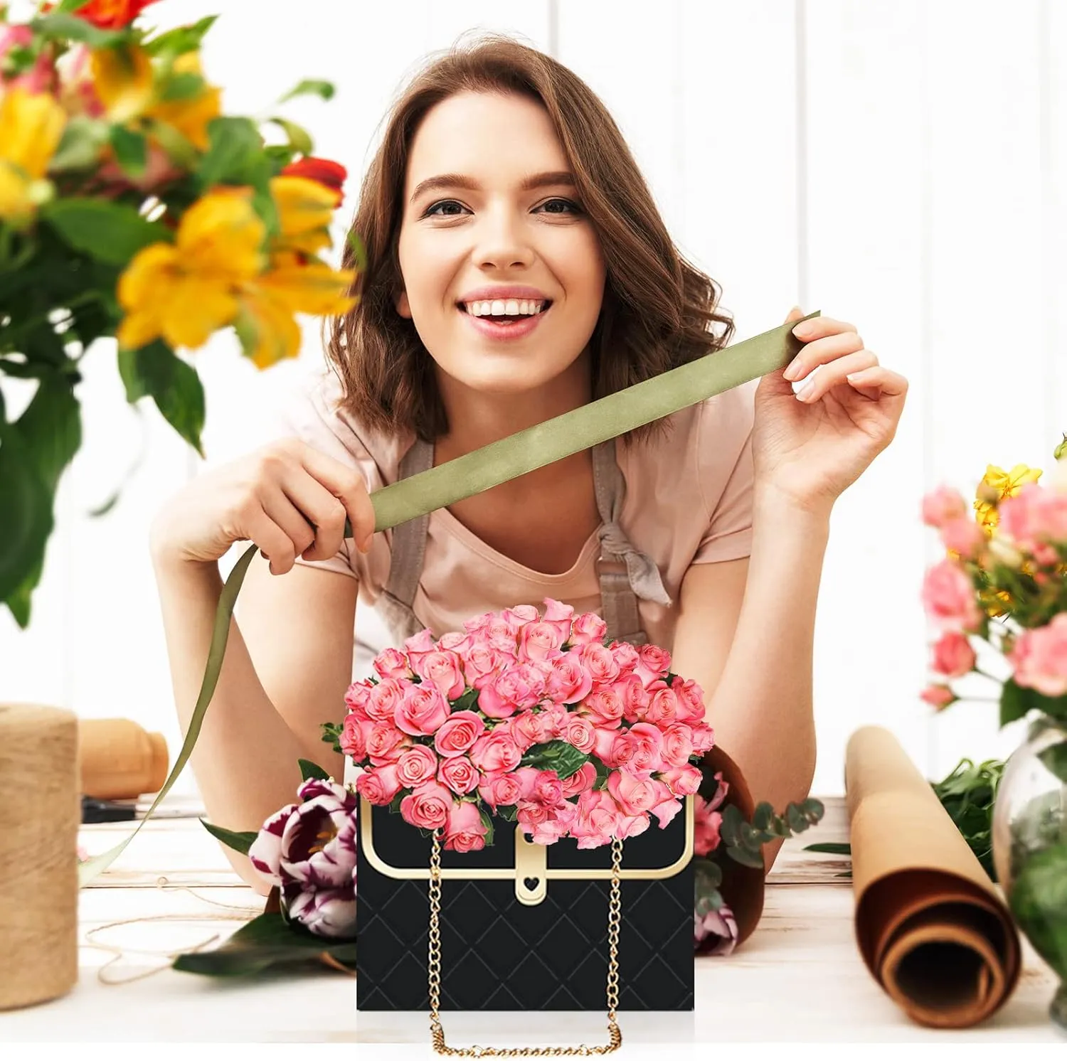 Whaline 6Pcs Paper Flower Bags with Metal Chain Bouquet Storage Bucket Florist Bag Handbag Flower Bouquet Wrapping Basket Handbag Gift Box for Wedding Party Birthday Mother's Day Gift Bags, Black
