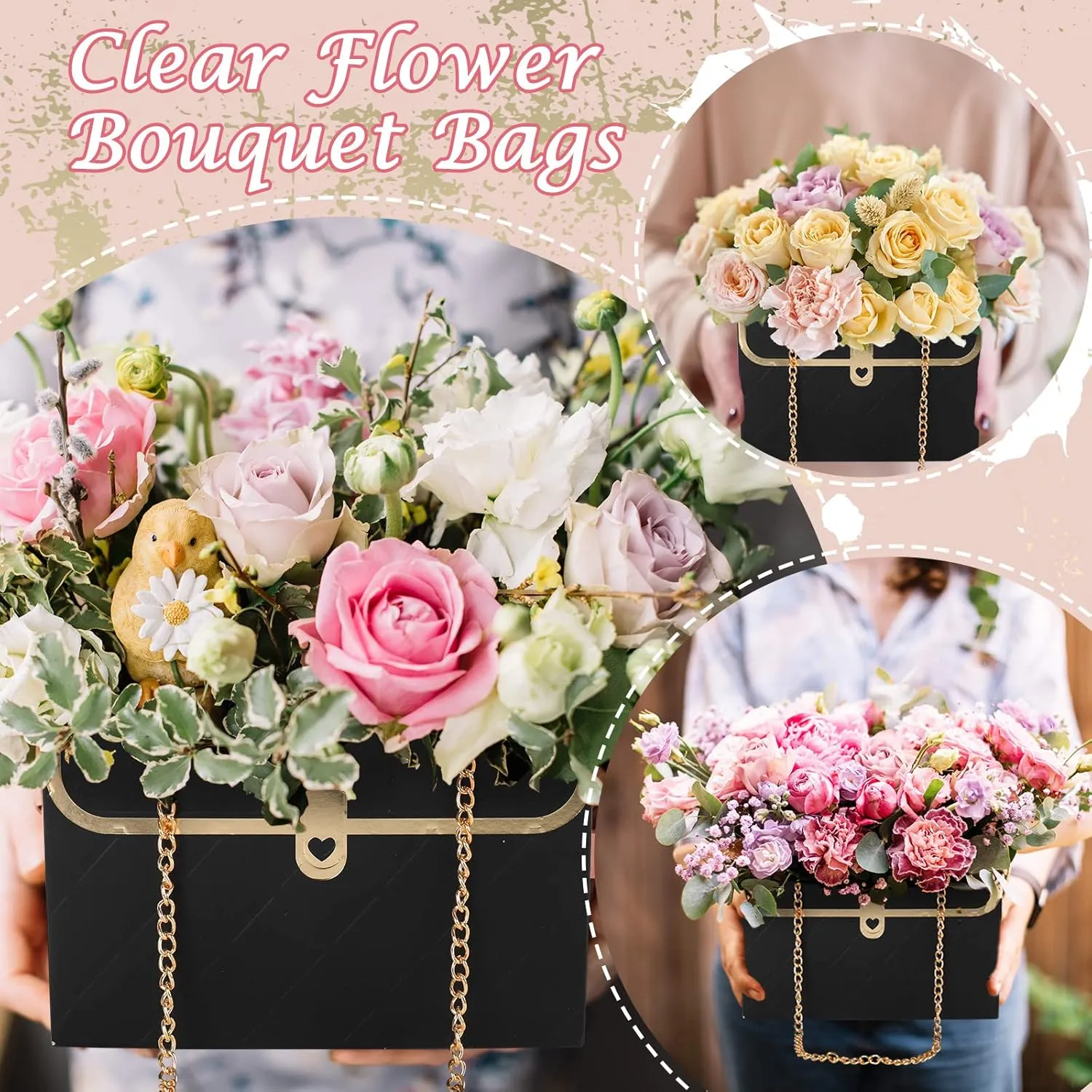 Whaline 6Pcs Paper Flower Bags with Metal Chain Bouquet Storage Bucket Florist Bag Handbag Flower Bouquet Wrapping Basket Handbag Gift Box for Wedding Party Birthday Mother's Day Gift Bags, Black