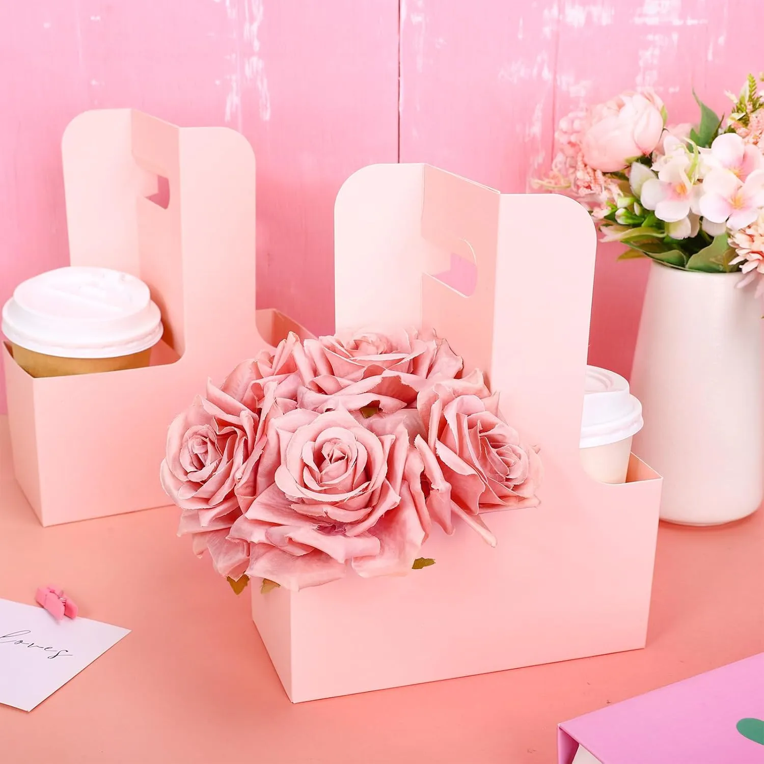 Whaline Light Pink Kraft Flower Gift Bags 20 Pcs Drink Carriers with Handle to 2 Cup Floral Wrap Packing Box Paper Holder Baskets for DIY Crafts Wedding Valentines Mother's Day