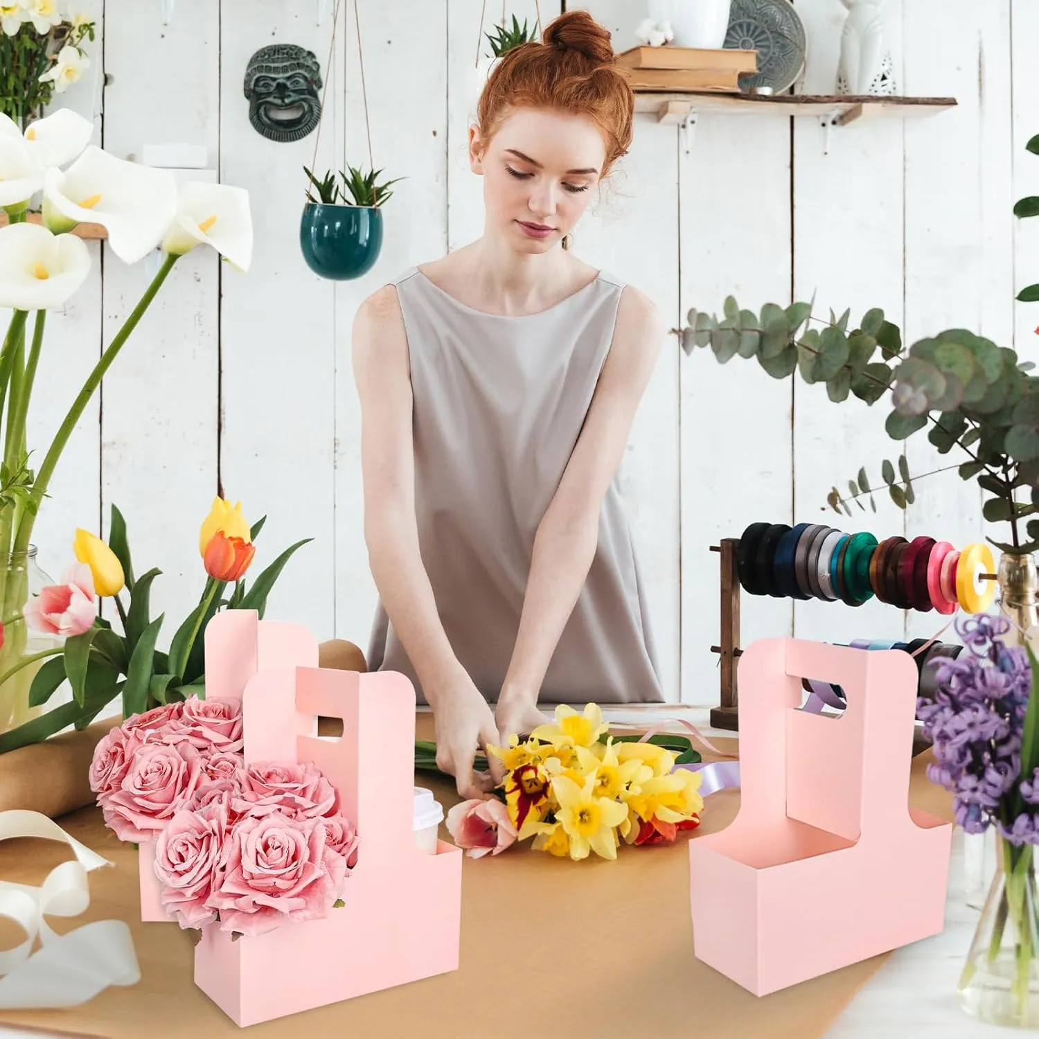 Whaline Light Pink Kraft Flower Gift Bags 20 Pcs Drink Carriers with Handle to 2 Cup Floral Wrap Packing Box Paper Holder Baskets for DIY Crafts Wedding Valentines Mother's Day