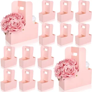 Whaline Light Pink Kraft Flower Gift Bags 20 Pcs Drink Carriers with Handle to 2 Cup Floral Wrap Packing Box Paper Holder Baskets for DIY Crafts Wedding Valentines Mother's Day