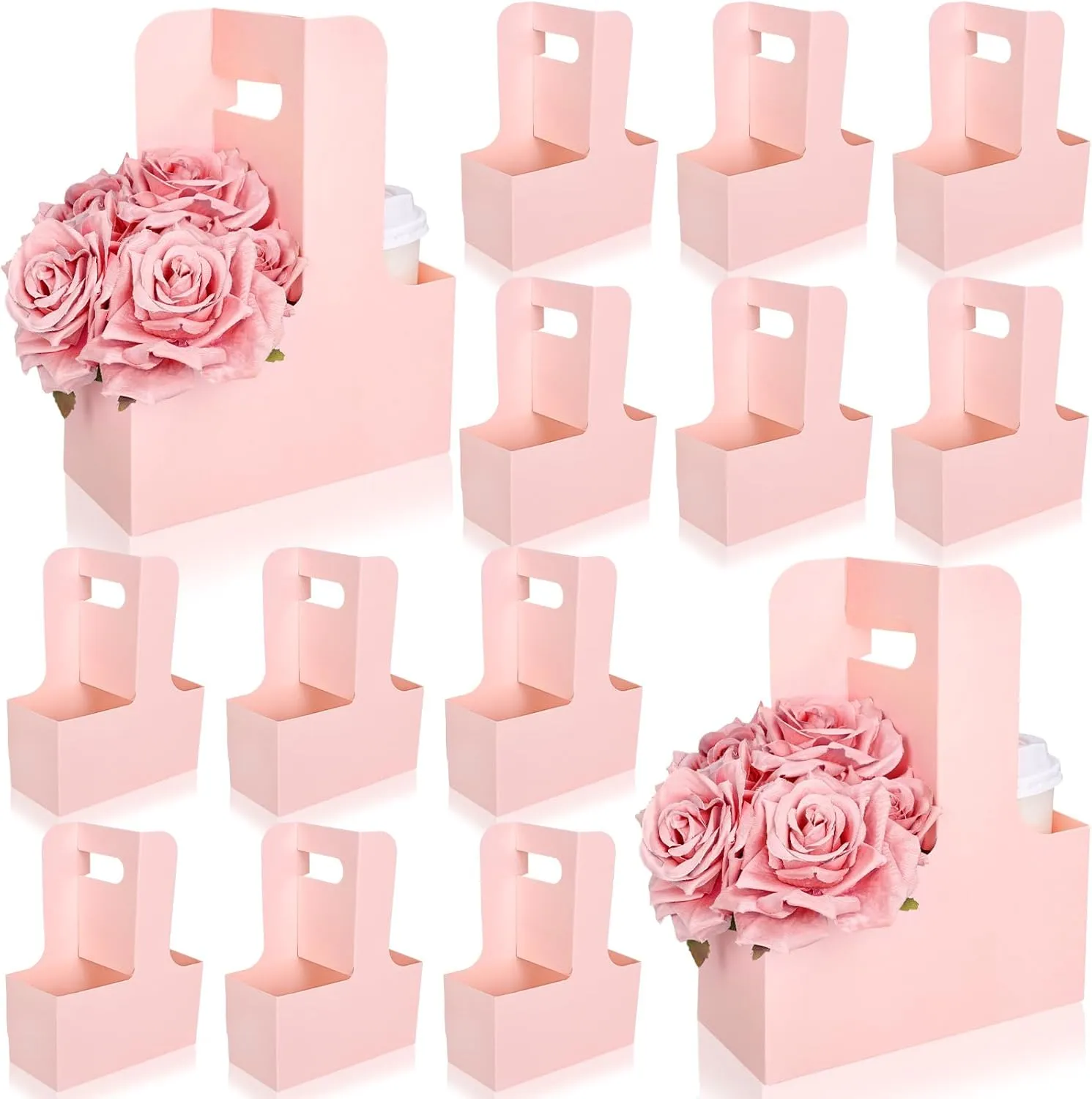 Whaline Light Pink Kraft Flower Gift Bags 20 Pcs Drink Carriers with Handle to 2 Cup Floral Wrap Packing Box Paper Holder Baskets for DIY Crafts Wedding Valentines Mother's Day