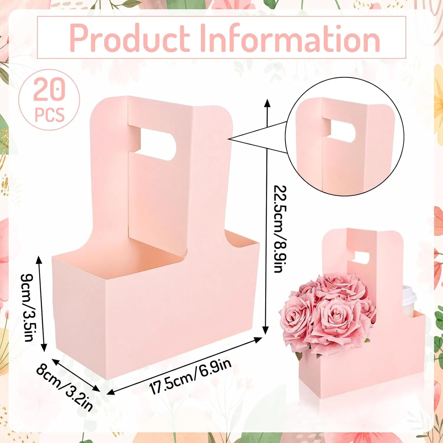 Whaline Light Pink Kraft Flower Gift Bags 20 Pcs Drink Carriers with Handle to 2 Cup Floral Wrap Packing Box Paper Holder Baskets for DIY Crafts Wedding Valentines Mother's Day