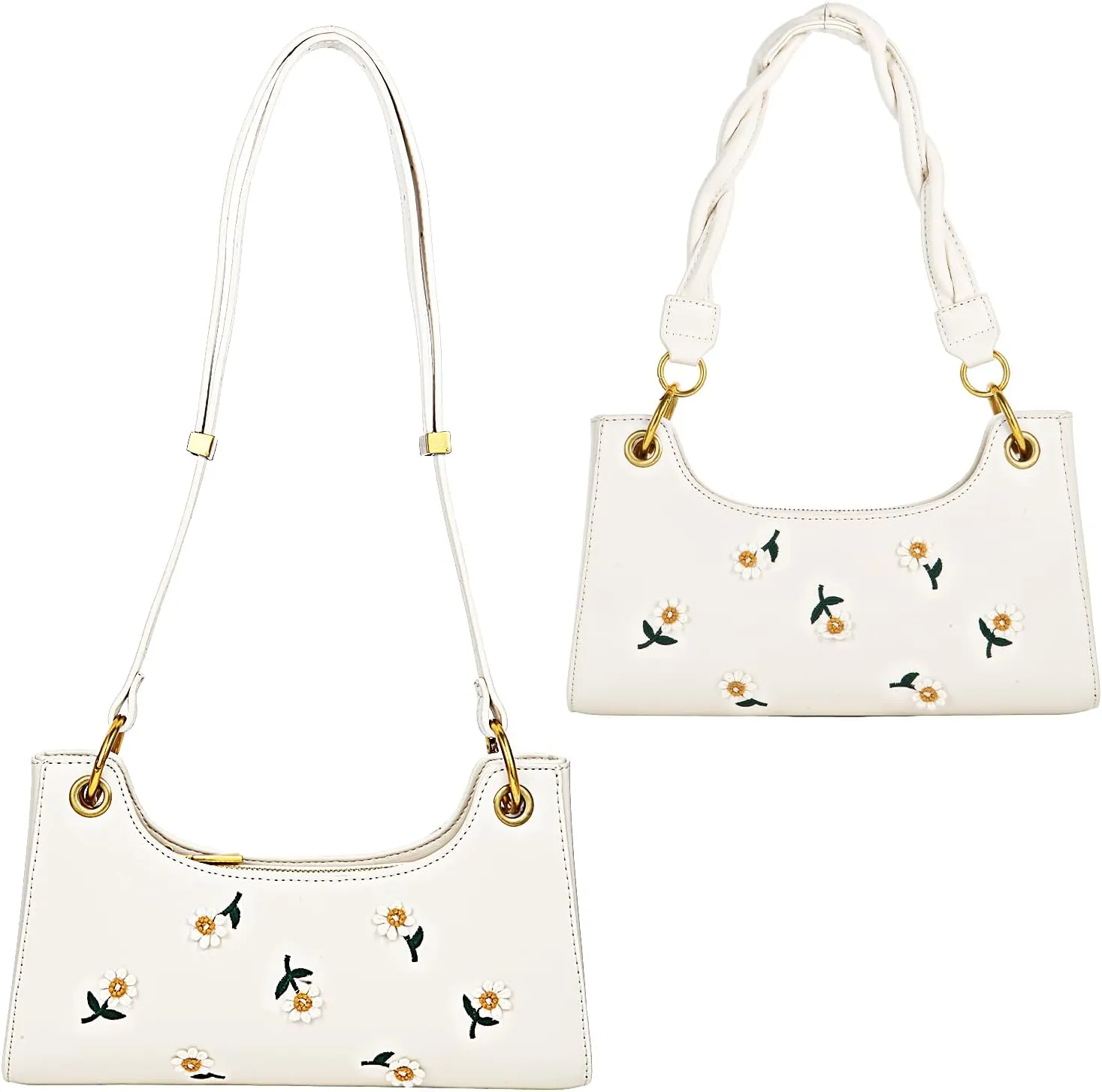 White Daisy Embroidery Underarm Crossbody Shoulder Bag with 2 Removable Straps