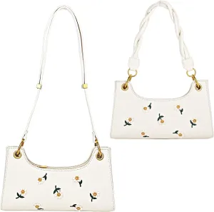 White Daisy Embroidery Underarm Crossbody Shoulder Bag with 2 Removable Straps