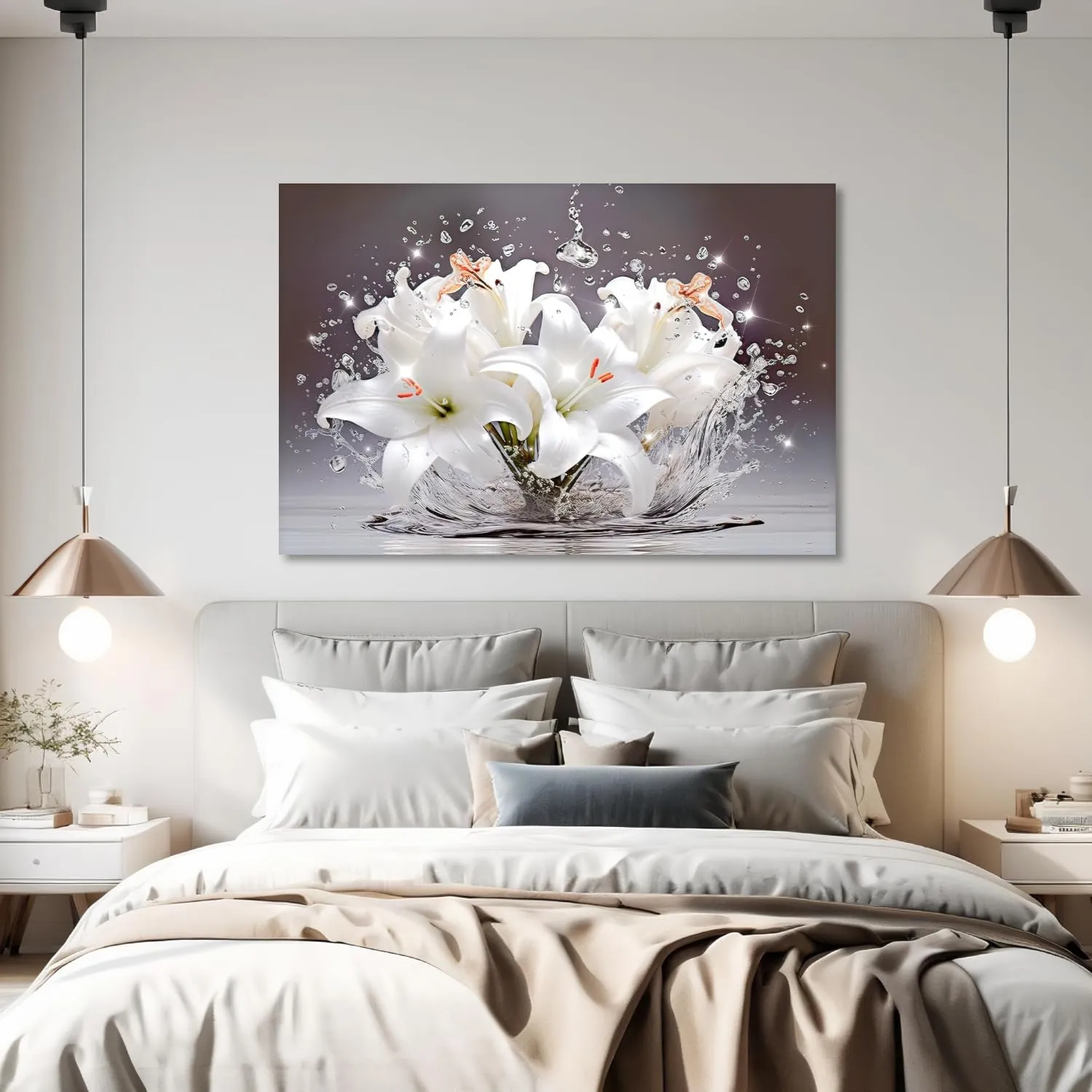 White Flower Wall Art Lily Bloom in Water Canvas Print Bathroom Decor Botany Floral Picture Modern Aesthetics Artwork for Home Decor Framed(Art-8,16.00x24.00 inch)