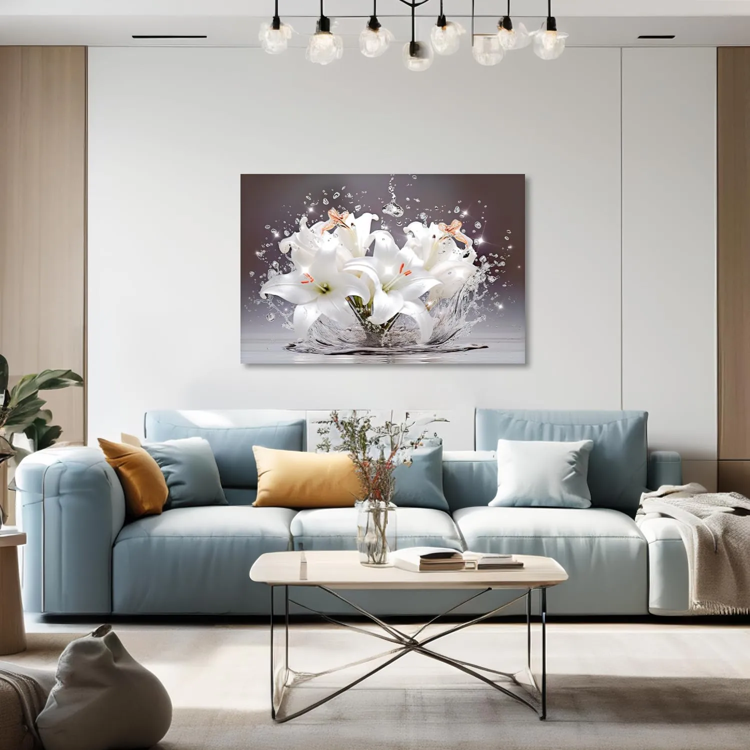 White Flower Wall Art Lily Bloom in Water Canvas Print Bathroom Decor Botany Floral Picture Modern Aesthetics Artwork for Home Decor Framed(Art-8,16.00x24.00 inch)