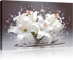 White Flower Wall Art Lily Bloom in Water Canvas Print Bathroom Decor Botany Floral Picture Modern Aesthetics Artwork for Home Decor Framed(Art-8,16.00x24.00 inch)