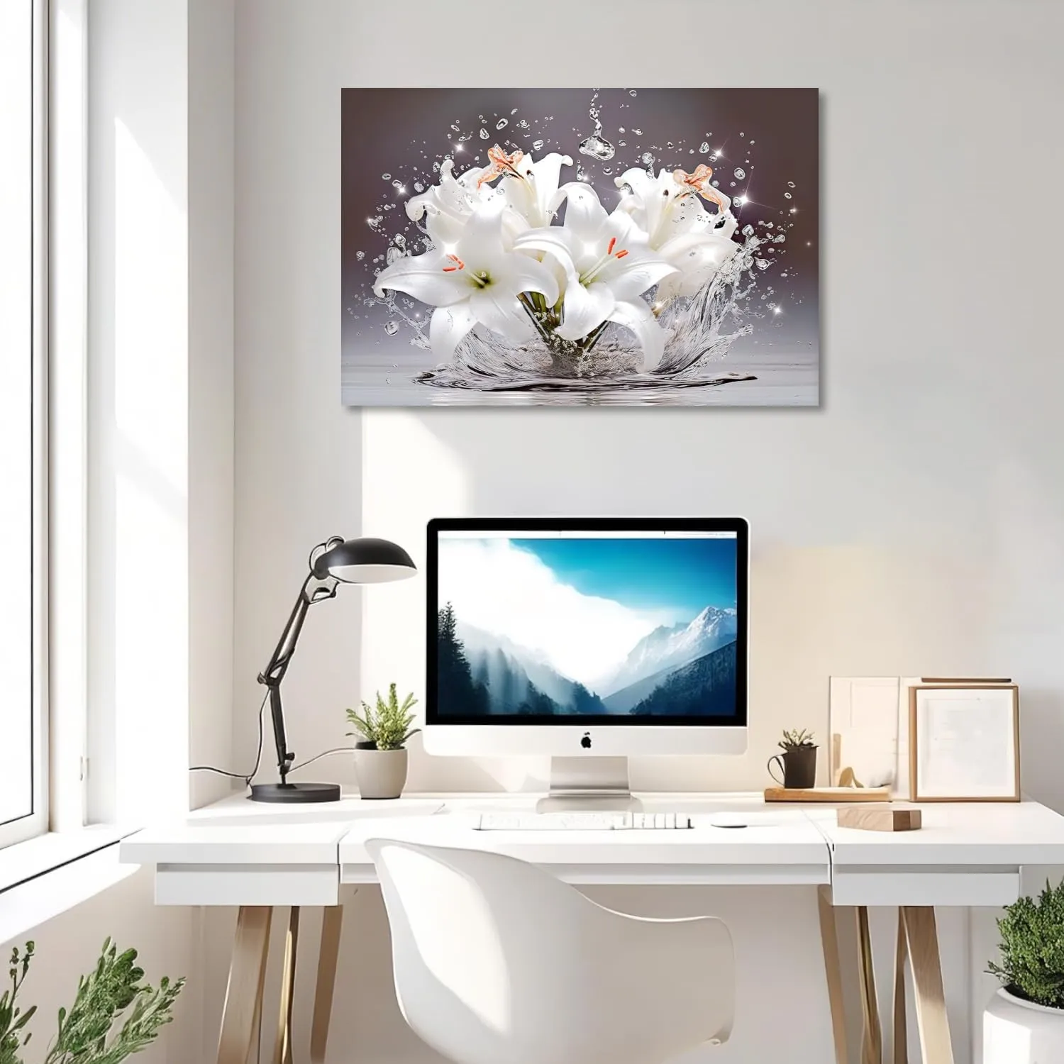 White Flower Wall Art Lily Bloom in Water Canvas Print Bathroom Decor Botany Floral Picture Modern Aesthetics Artwork for Home Decor Framed(Art-8,16.00x24.00 inch)