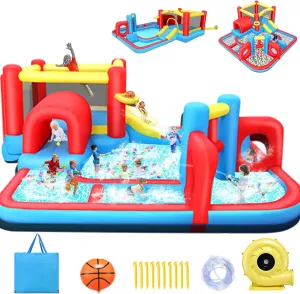 Whubefy Inflatable Bounce House Waterslide for Kids 8-12, 14.3 x 14.3Ft Water Park Obstacle Course 10-in-1 Water Slide w/Jump Area, Splash Pool, Tunnel, Summer Fun Water Bounce House for Backyard