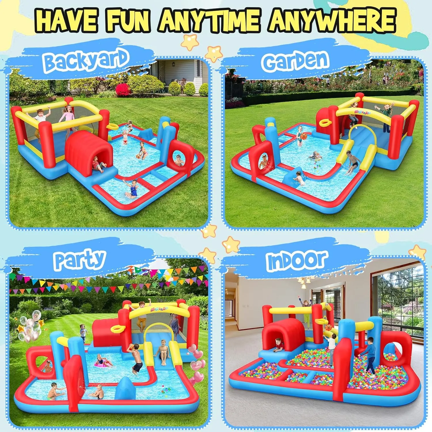 Whubefy Inflatable Bounce House Waterslide for Kids 8-12, 14.3 x 14.3Ft Water Park Obstacle Course 10-in-1 Water Slide w/Jump Area, Splash Pool, Tunnel, Summer Fun Water Bounce House for Backyard