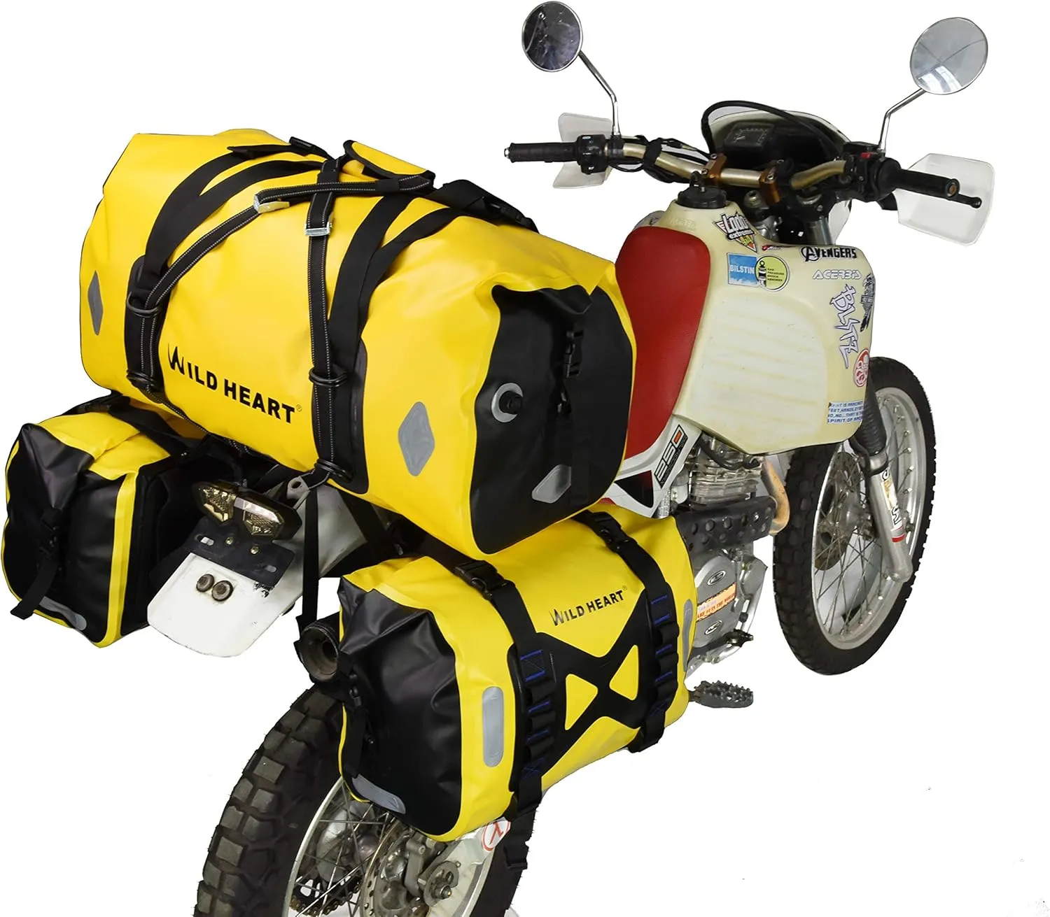 WILD HEART Waterproof Bag 55L 66L 77L Motorcycle Dry Duffel Bag for Travel,Motorcycling, Cycling,Hiking,Camping (77L, Yellow)