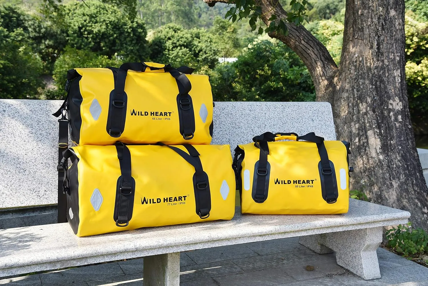 WILD HEART Waterproof Bag 55L 66L 77L Motorcycle Dry Duffel Bag for Travel,Motorcycling, Cycling,Hiking,Camping (77L, Yellow)