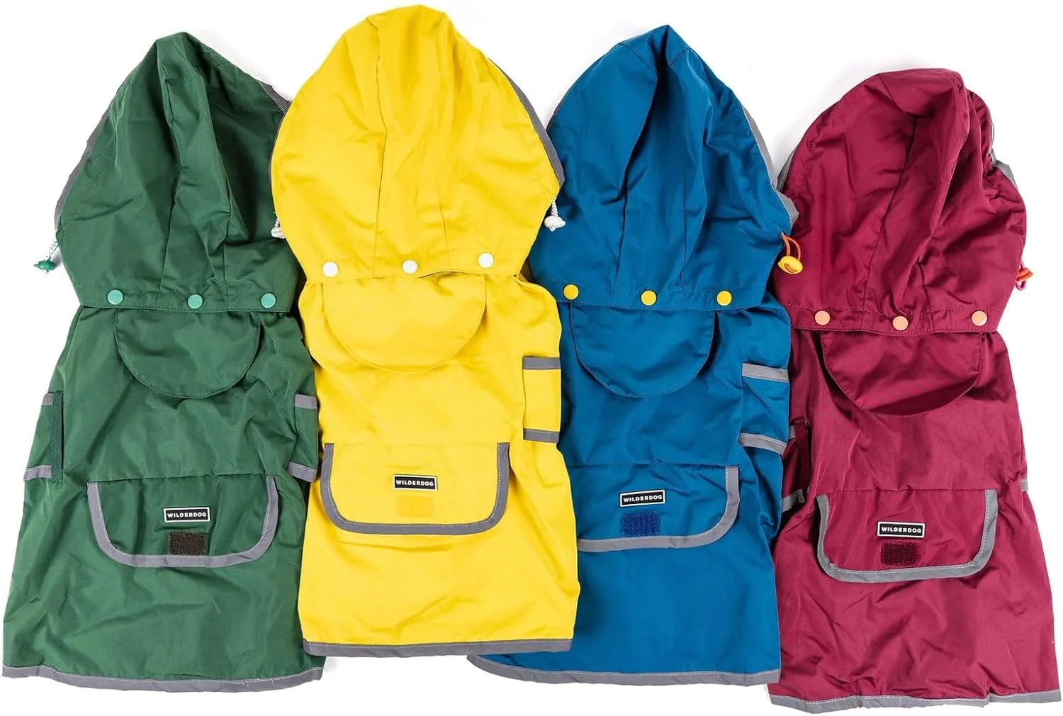 Wilderdog Dog Jacket Waterproof Raincoat with Breathable Interior, Removable Hood, Torso Strap, Secure Closures, Back Pocket and Two Hanging Loops, Foldable into Back Pocket
