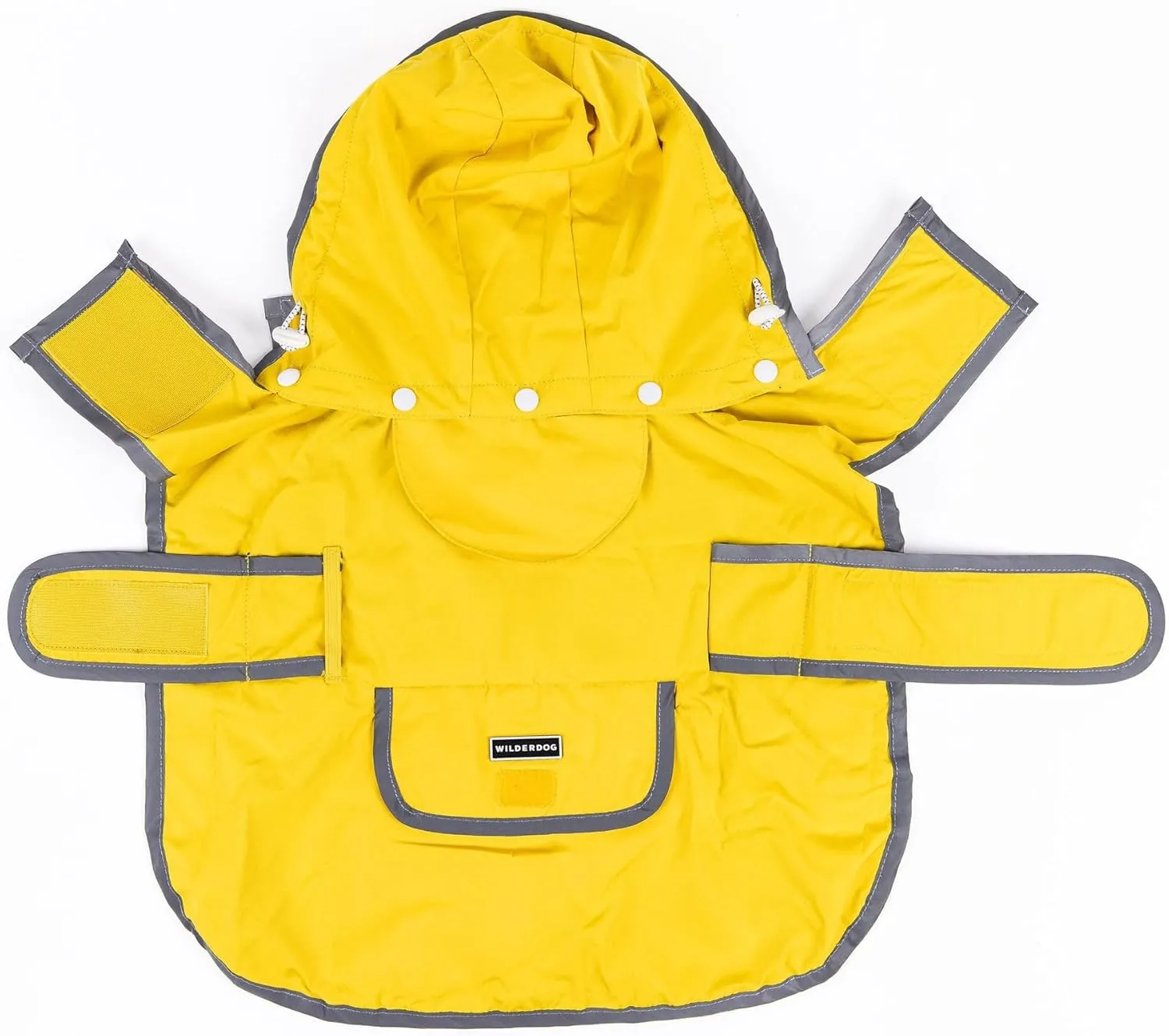 Wilderdog Dog Jacket Waterproof Raincoat with Breathable Interior, Removable Hood, Torso Strap, Secure Closures, Back Pocket and Two Hanging Loops, Foldable into Back Pocket