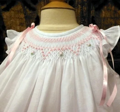 Will'beth Girls White Pink Smocked Bishop Angel Wing Ribbon Dress with Slip Newborn 3 6 9 Months