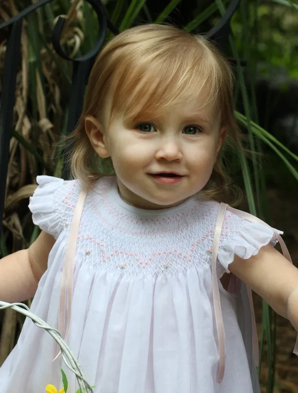 Will'beth Girls White Pink Smocked Bishop Angel Wing Ribbon Dress with Slip Newborn 3 6 9 Months