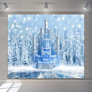 Winter Forest Wonderland Photography Backdrops 10x8ft Vinyl Snowy Landscape Christmas Photo Backdrop Ice and Snow Castle Frozen Lake Birthday Wedding Xmas Photoshoot Background Decorations Supplies