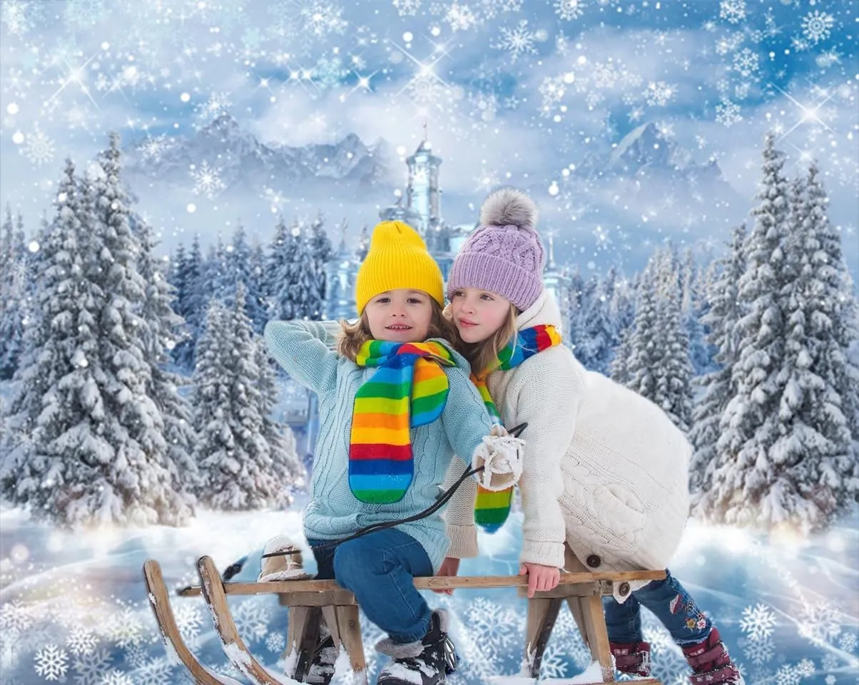 Winter Wonderland Backdrop 10x8ft for Photography Christmas Forest Xmas Tree Castle Snowflake Ice Snow Background Winter Backdrops for Photoshoot Christmas Party Decorations Banner
