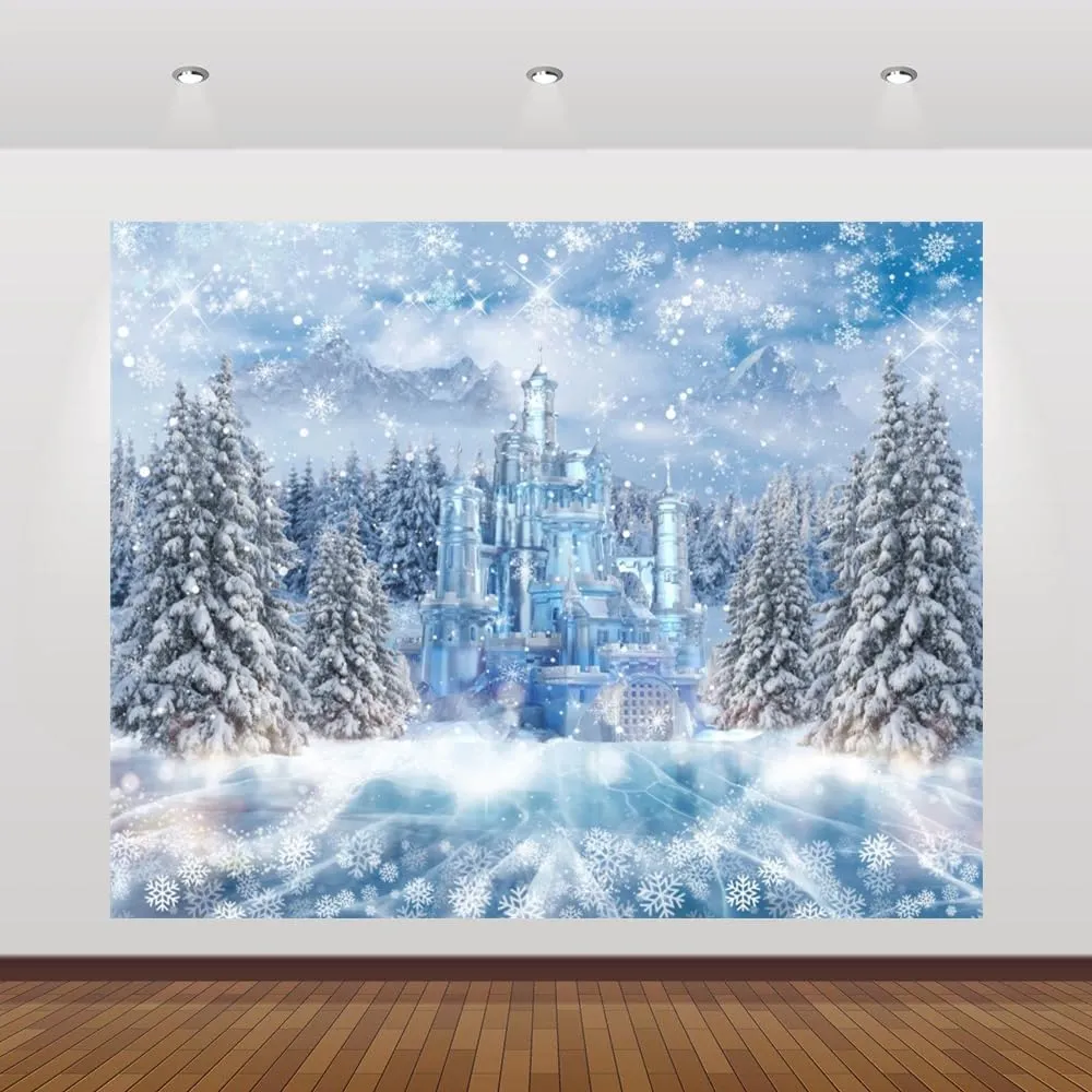 Winter Wonderland Backdrop 10x8ft for Photography Christmas Forest Xmas Tree Castle Snowflake Ice Snow Background Winter Backdrops for Photoshoot Christmas Party Decorations Banner