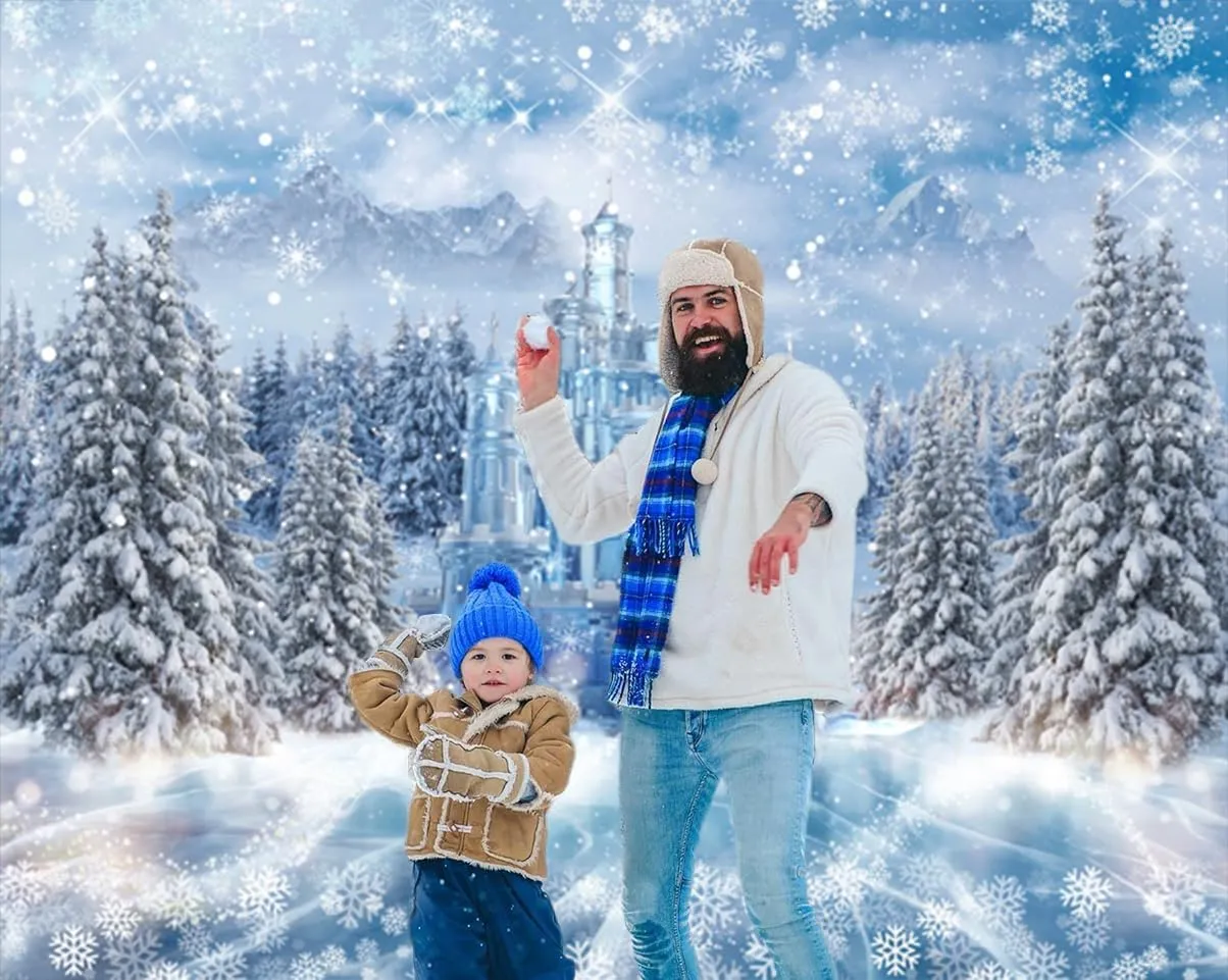 Winter Wonderland Backdrop 10x8ft for Photography Christmas Forest Xmas Tree Castle Snowflake Ice Snow Background Winter Backdrops for Photoshoot Christmas Party Decorations Banner