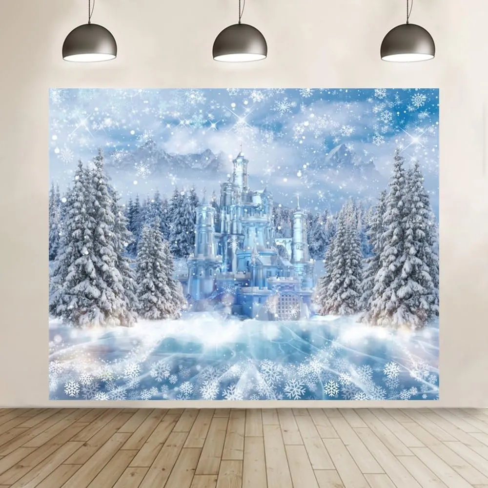 Winter Wonderland Backdrop 10x8ft for Photography Christmas Forest Xmas Tree Castle Snowflake Ice Snow Background Winter Backdrops for Photoshoot Christmas Party Decorations Banner