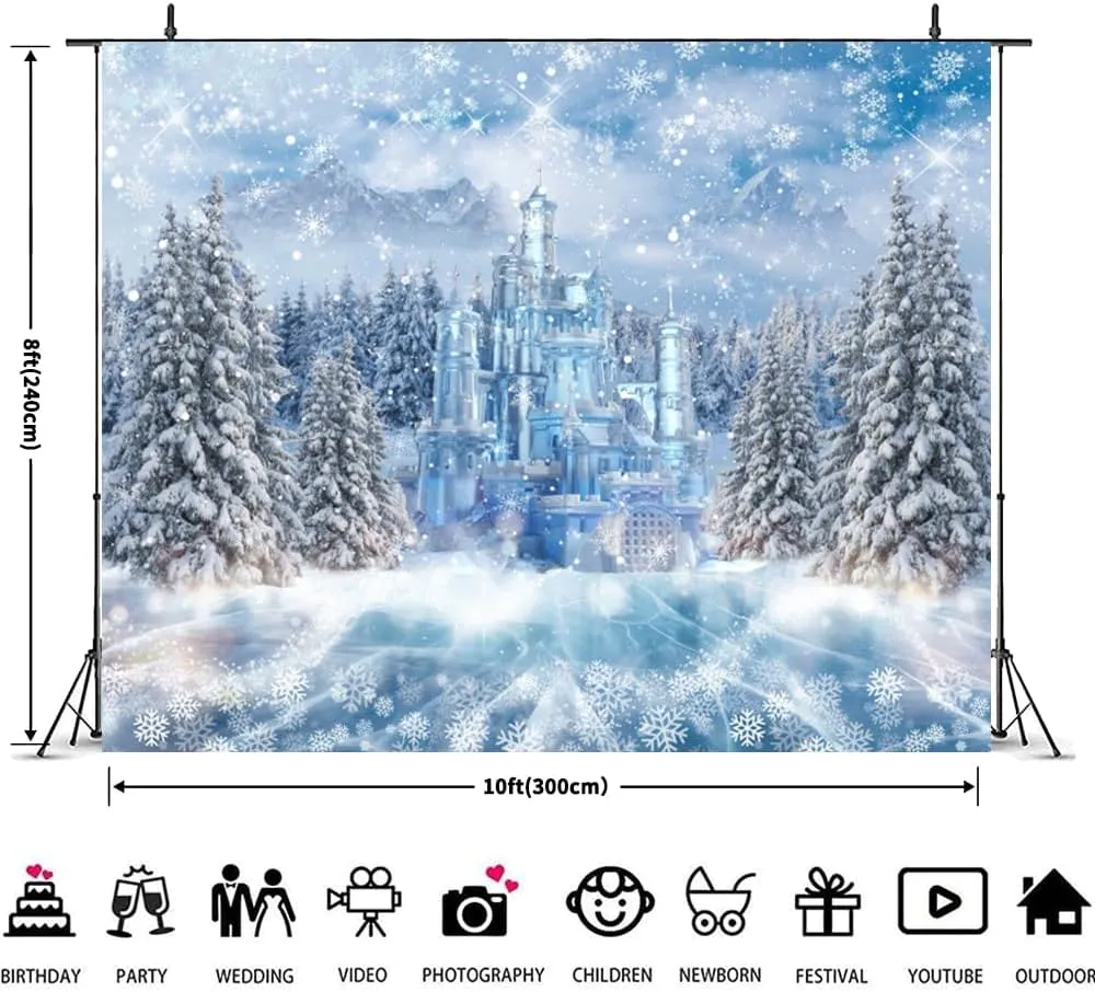 Winter Wonderland Backdrop 10x8ft for Photography Christmas Forest Xmas Tree Castle Snowflake Ice Snow Background Winter Backdrops for Photoshoot Christmas Party Decorations Banner