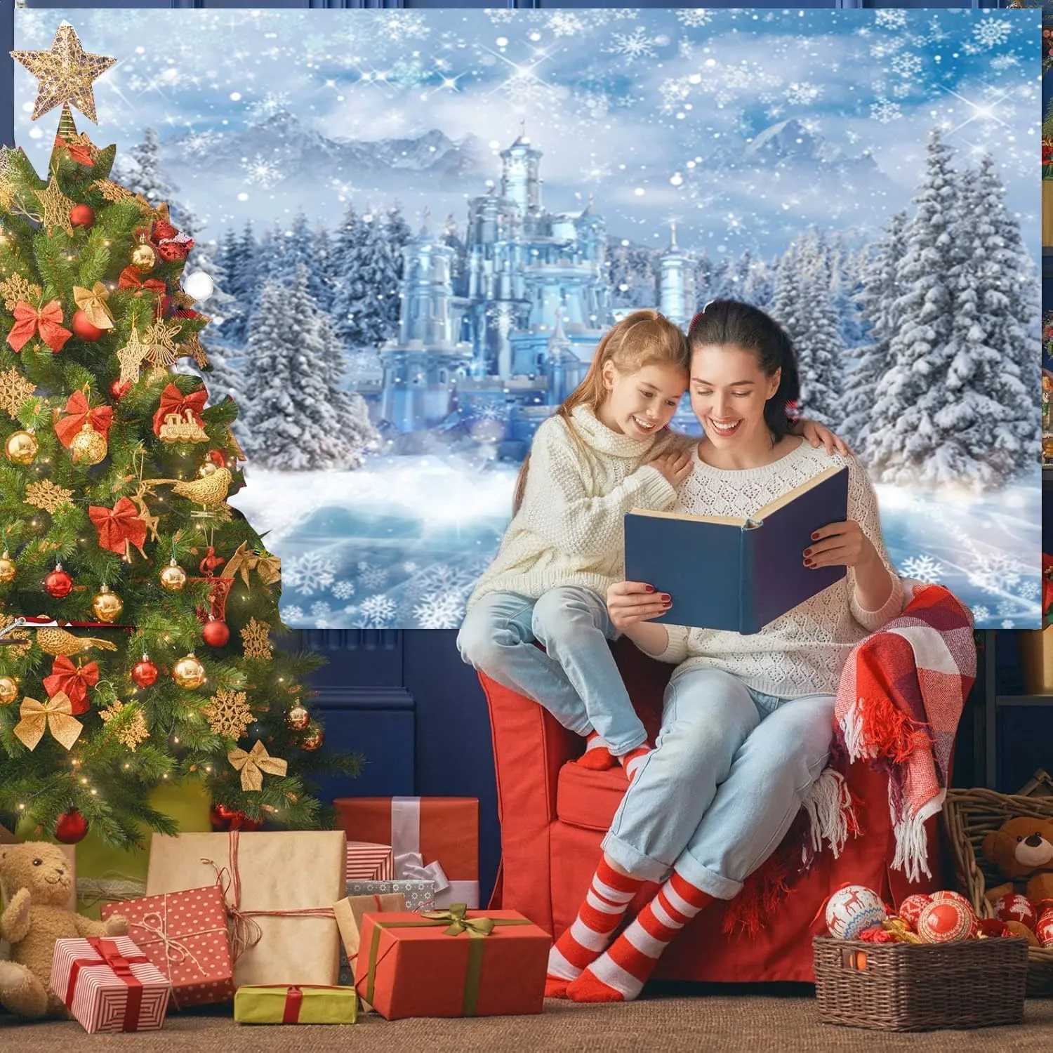 Winter Wonderland Backdrop 10x8ft for Photography Christmas Forest Xmas Tree Castle Snowflake Ice Snow Background Winter Backdrops for Photoshoot Christmas Party Decorations Banner