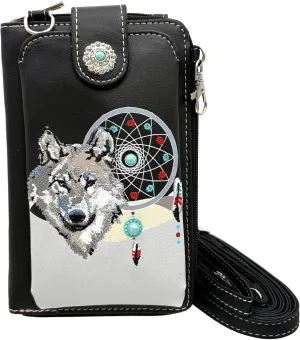 Wolf Embroidery Dream Catcher Tribal Women Crossbody Phone Wallet