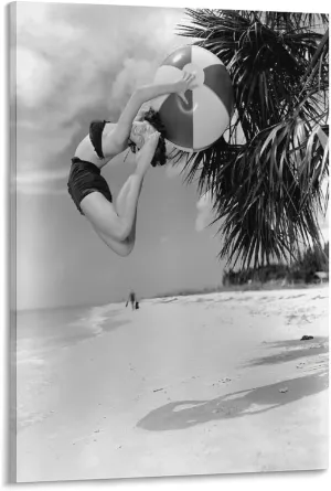 Woman Jumping with Beach Ball, Vintage Black And White Photo for Decoration Canvas Poster Canvas Art Poster And Wall Art Picture Print Modern Family Bedroom Decor Posters 20x30inch(50x75cm)