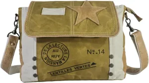 Woman Leather Star Shoulder Bag, Upcycled Canvas And Star Accent, Adjustable Leather Handle (12x9) Inch.