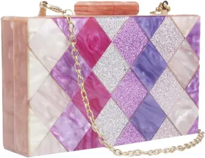 Women Acrylic Diamond Clutch Marbled Shining Square Box Handbag Smooth Chic Shoulder Handbag for Party Prom Club
