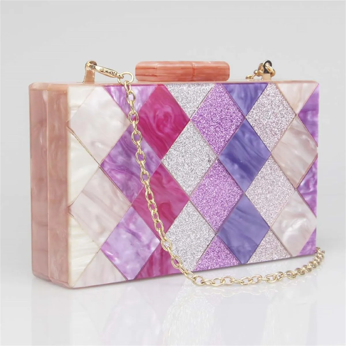 Women Acrylic Diamond Clutch Marbled Shining Square Box Handbag Smooth Chic Shoulder Handbag for Party Prom Club