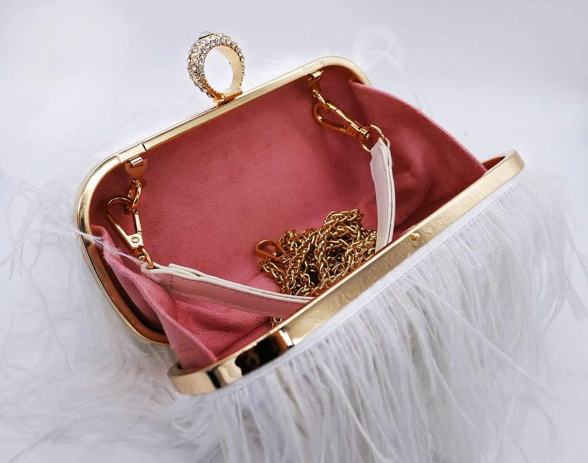 Women Fluffy Ostrich Feather Evening Dress Clutch Bag Purse Shoulder Bag